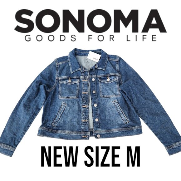 New Women's Sonoma Crop Jean Jacket size Medium M Long sleeves Denim New w/ tags - Picture 1 of 10